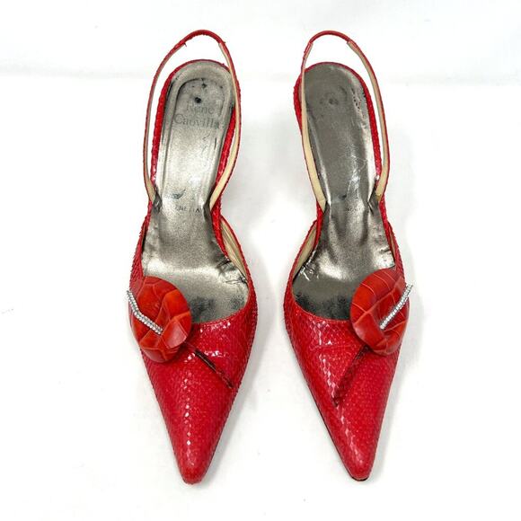 René Caovilla Red Python Slingback Heels 38 Pointed Toe Made Italy - Picture 2 of 9